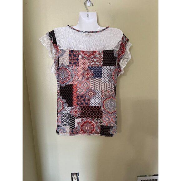 Patchwork Print Boho Top With Lace Ruffle Sleeves Bobbie Brooks Large Lagom - Picture 6 of 11